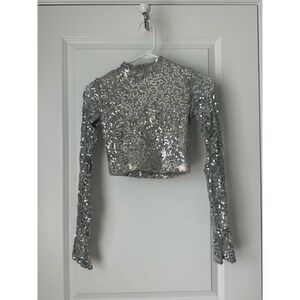 Weissman‎ Silver Metallic Dance Costume Crop Top Size SA Long Sleeves Sequins